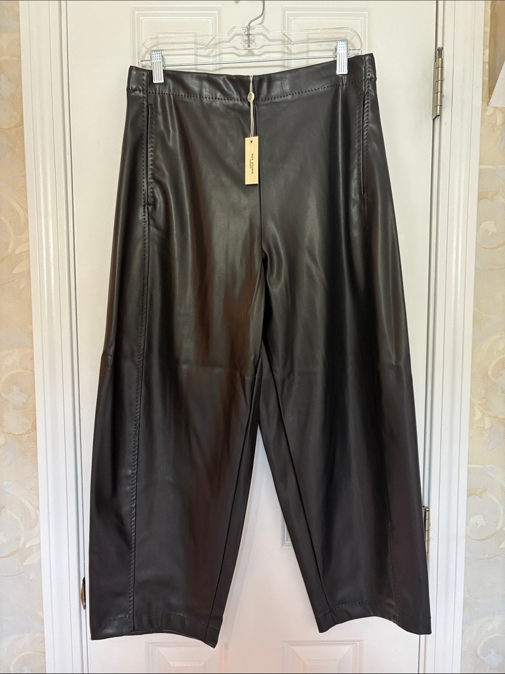 Max Studio Black Faux Leather Wide-Leg Soft and Supple Trendy Pants/ Trousers